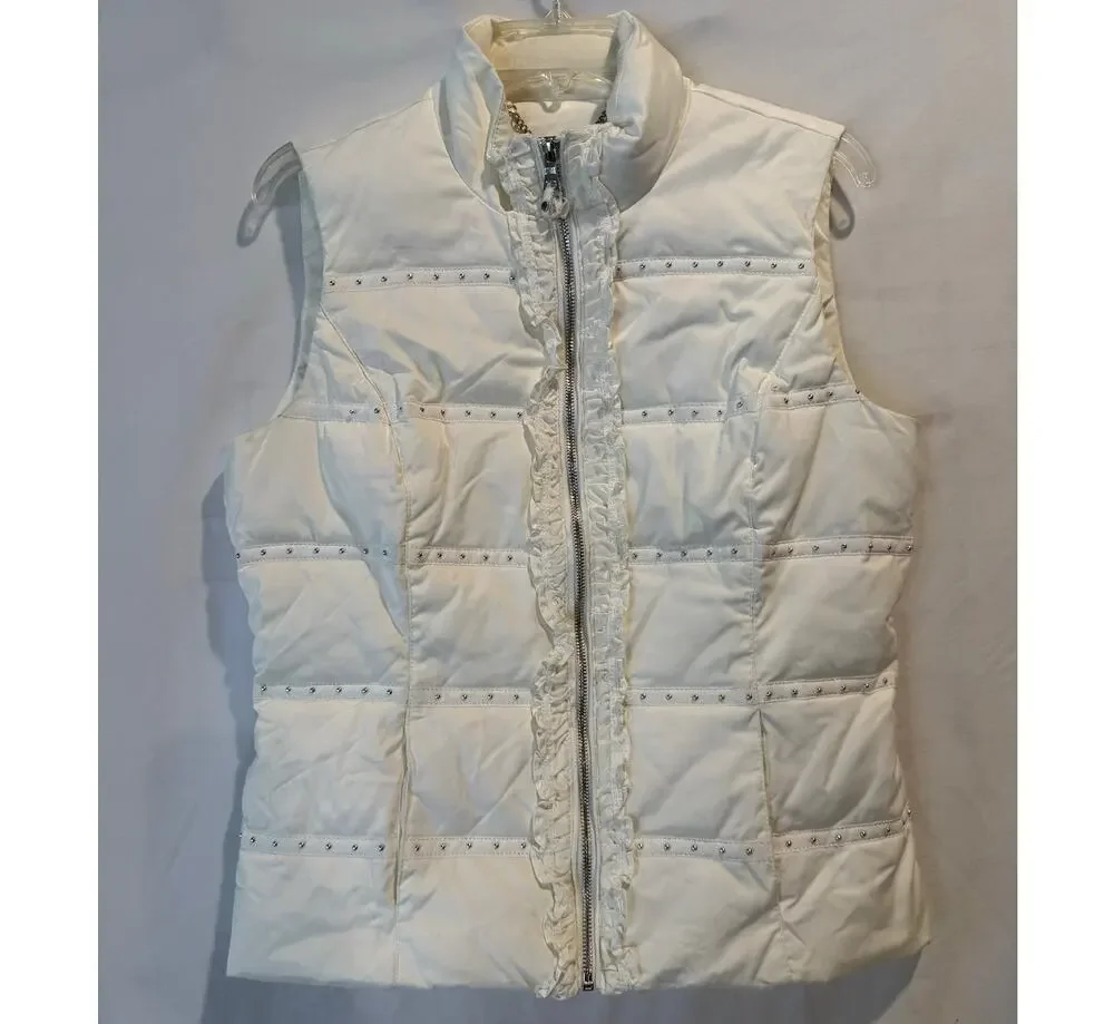 Women's WHBM studded ruffle puffer vest sleeveless quilted vest medium white